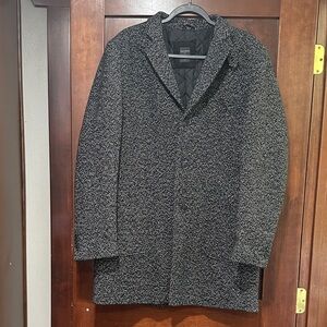 Men's Black & White Herringbone Wool- Blend Overcoat - Quilted Lining